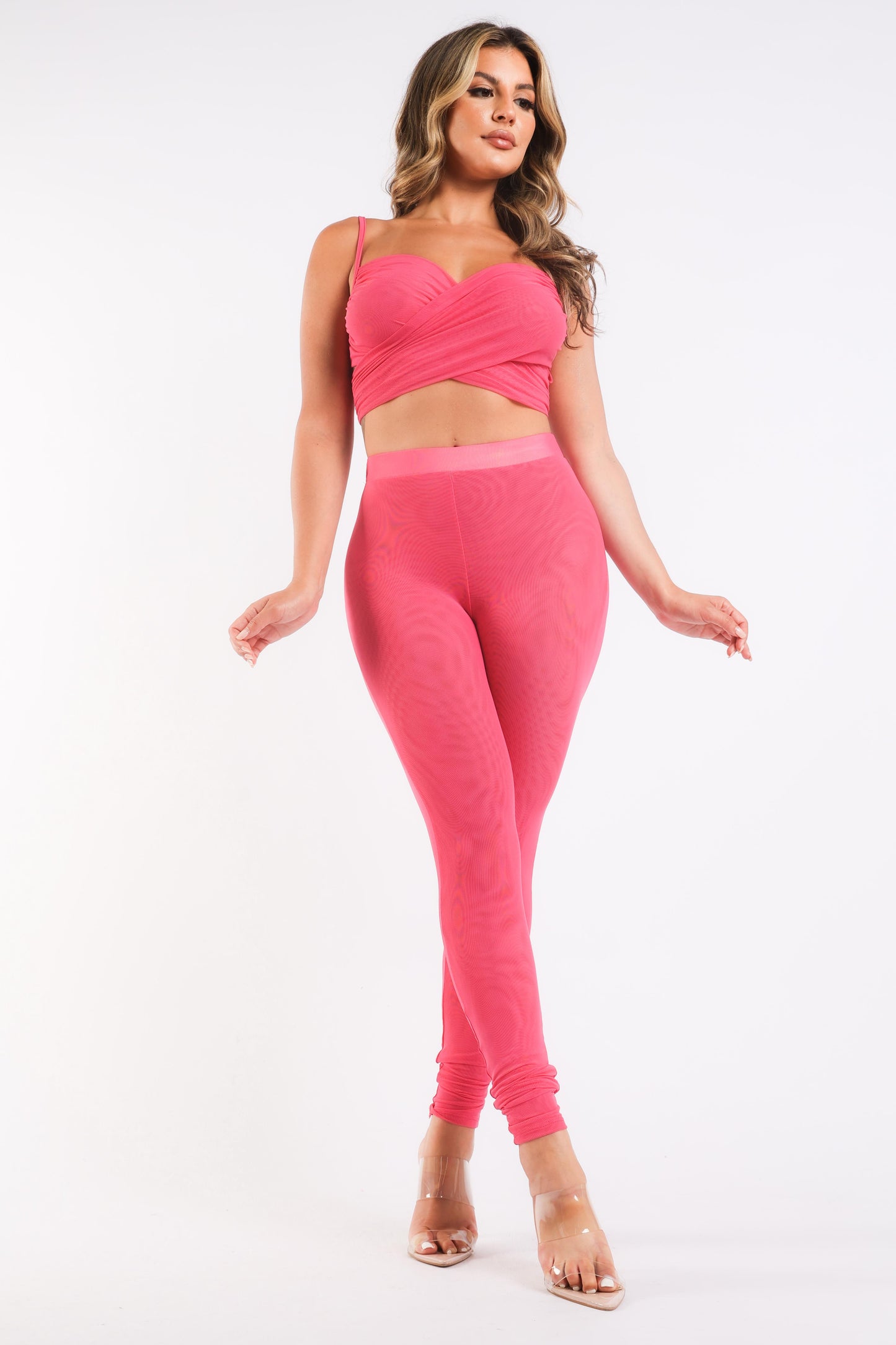Mesh Contrast Sets Casual Sports Strappy Sleeve Top & Leggings FUCHSIA
