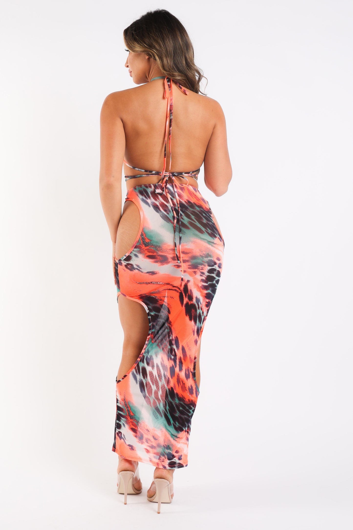 Mesh Sexy Bikini & Skirt Set Graphic Printed Cut Out Swimwear CORAL